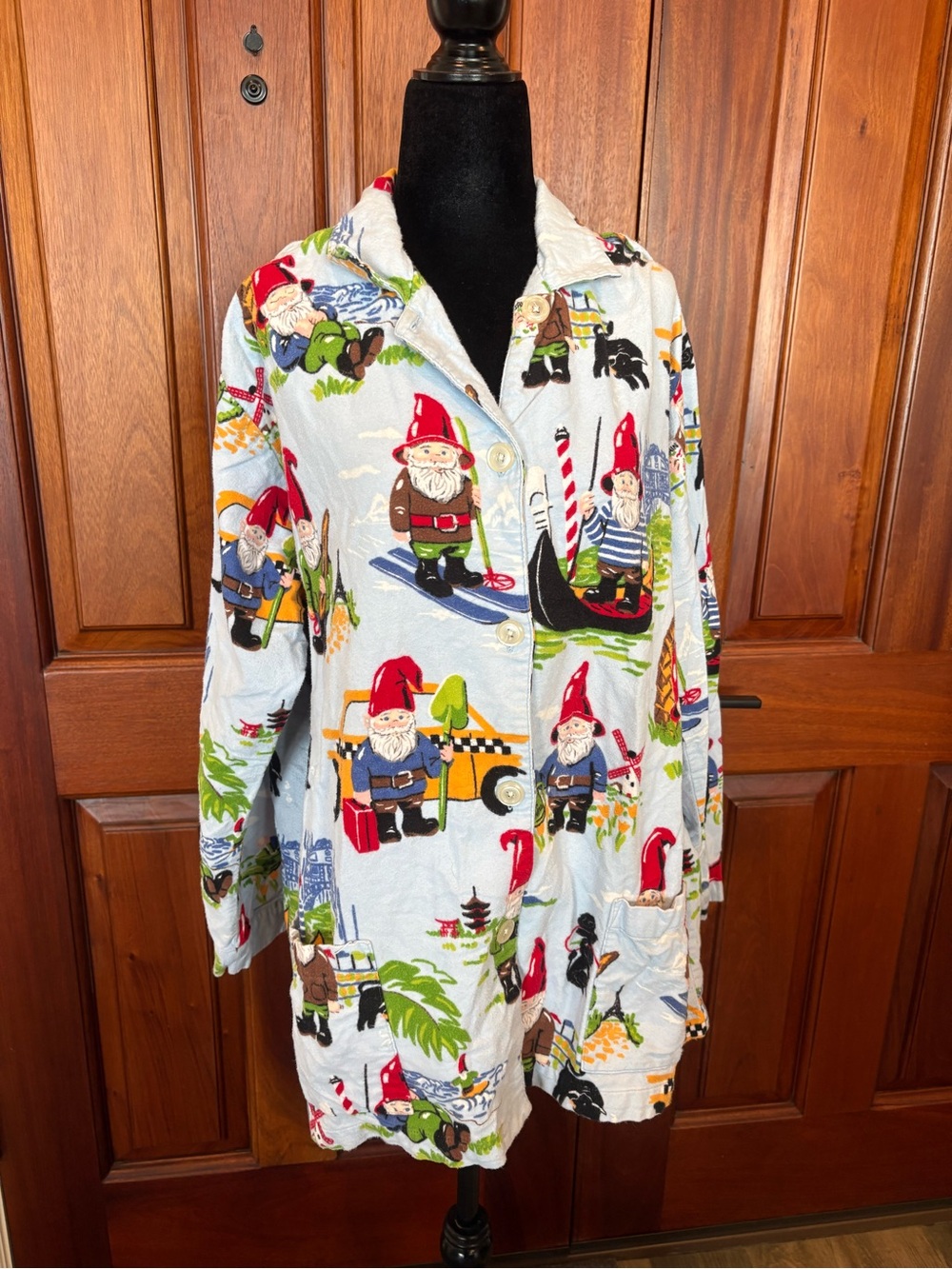 Nick & Nora Traveling Gnome Pajama Top Women XL Blue Europe Beach Vintage